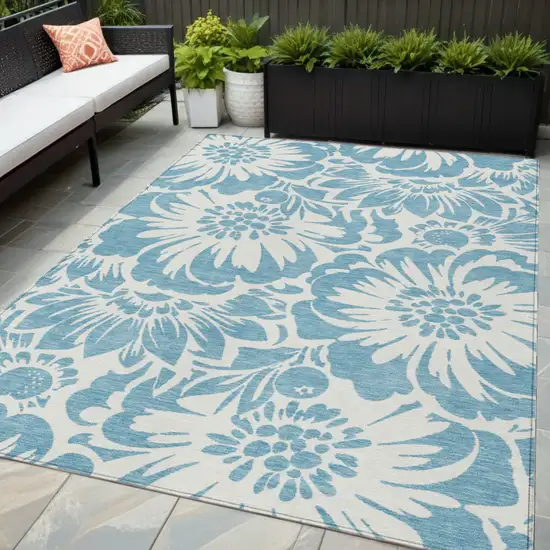 Denim and Ivory Floral Washable Non Skid Indoor Outdoor Area Rug Photo 1