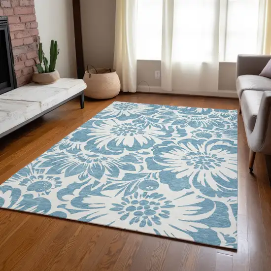 Denim and Ivory Floral Washable Non Skid Indoor Outdoor Area Rug Photo 8