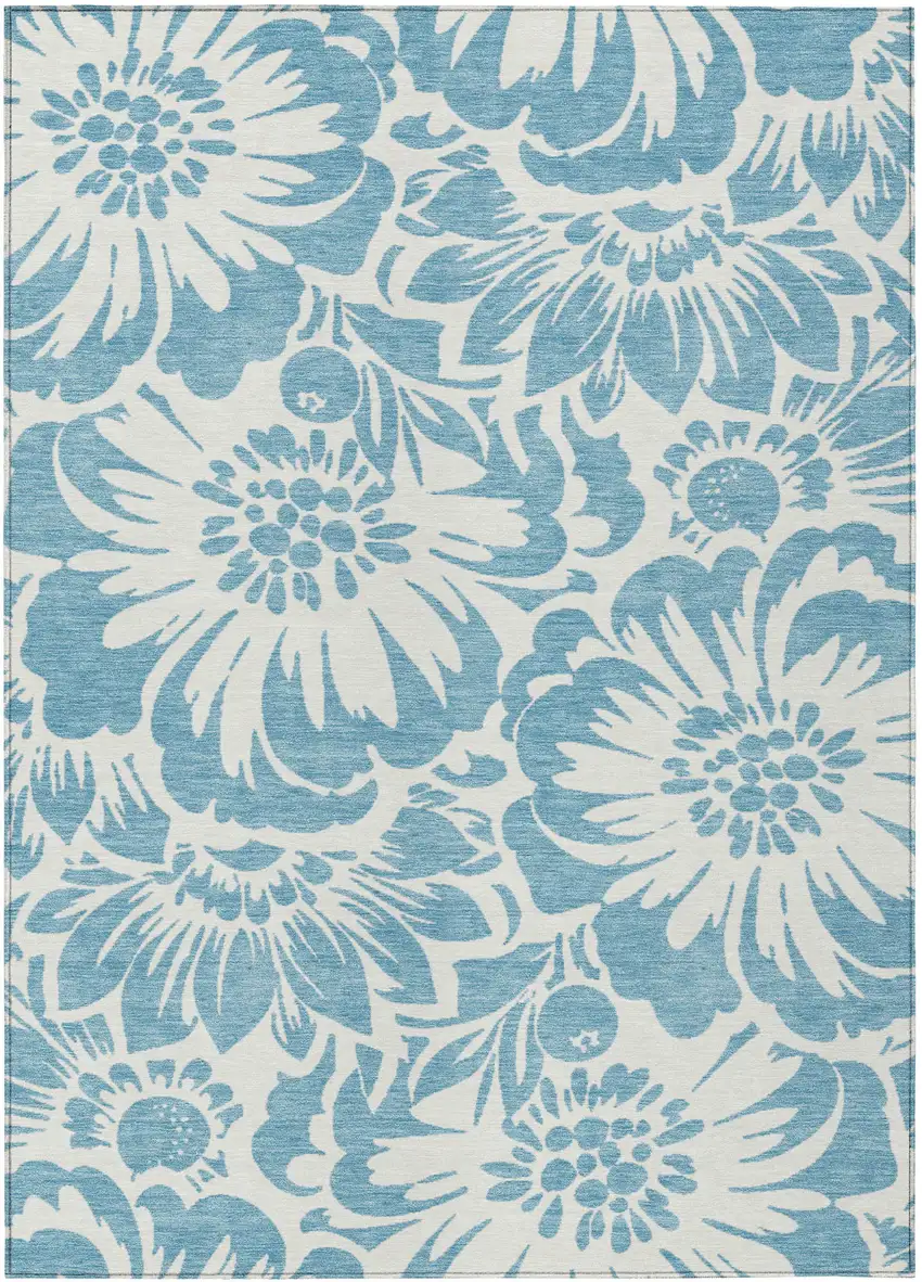 Denim and Ivory Floral Washable Non Skid Indoor Outdoor Area Rug Photo 2
