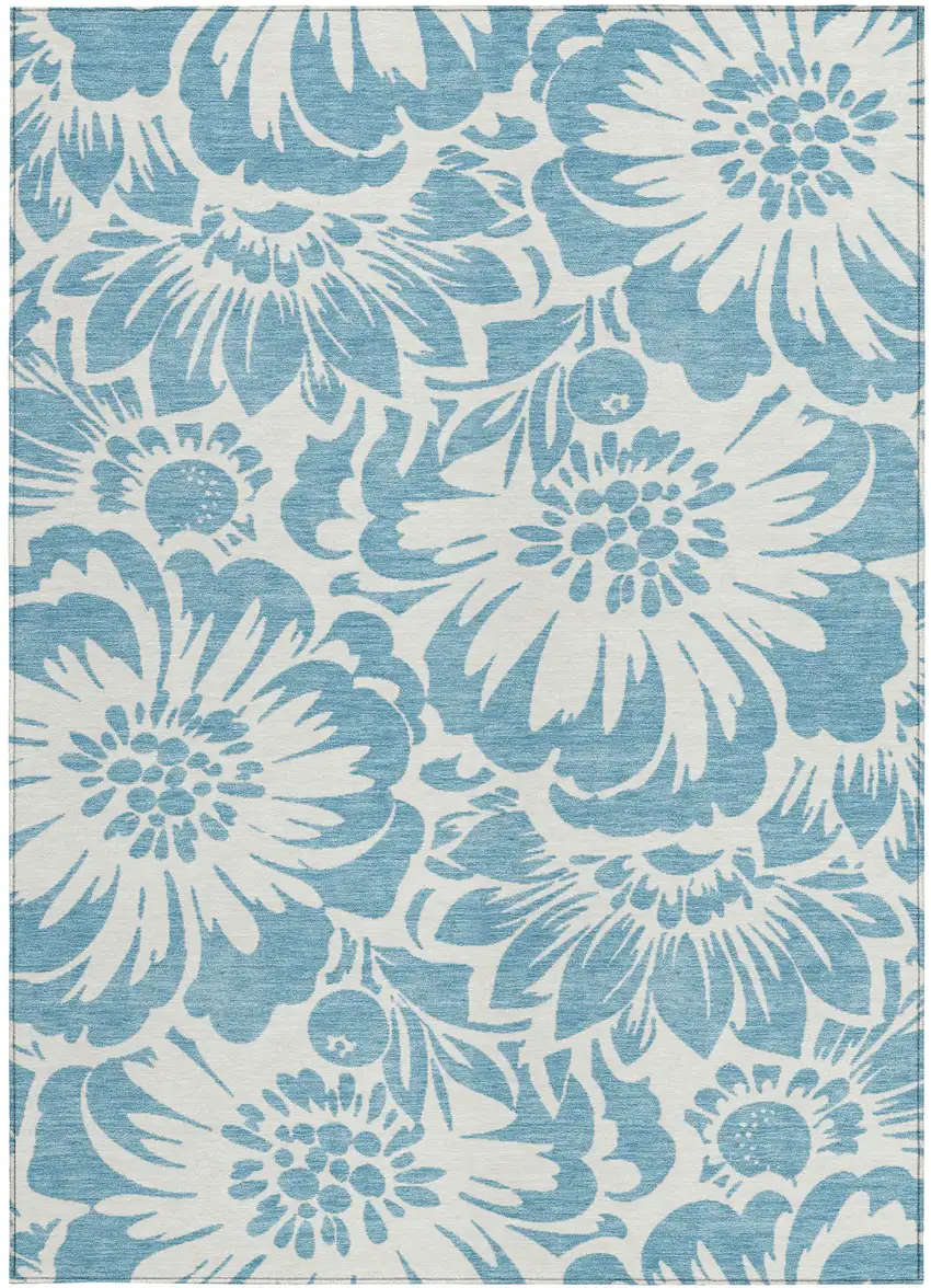 Denim and Ivory Floral Washable Non Skid Indoor Outdoor Area Rug Photo 4