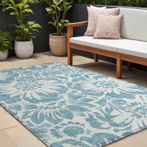 Photo of Denim and Ivory Floral Washable Non Skid Indoor Outdoor Area Rug