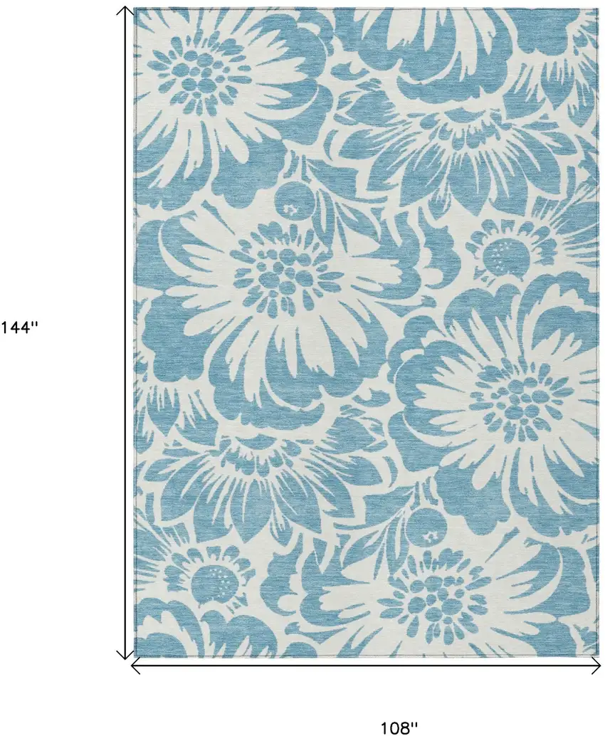 Denim and Ivory Floral Washable Non Skid Indoor Outdoor Area Rug Photo 3