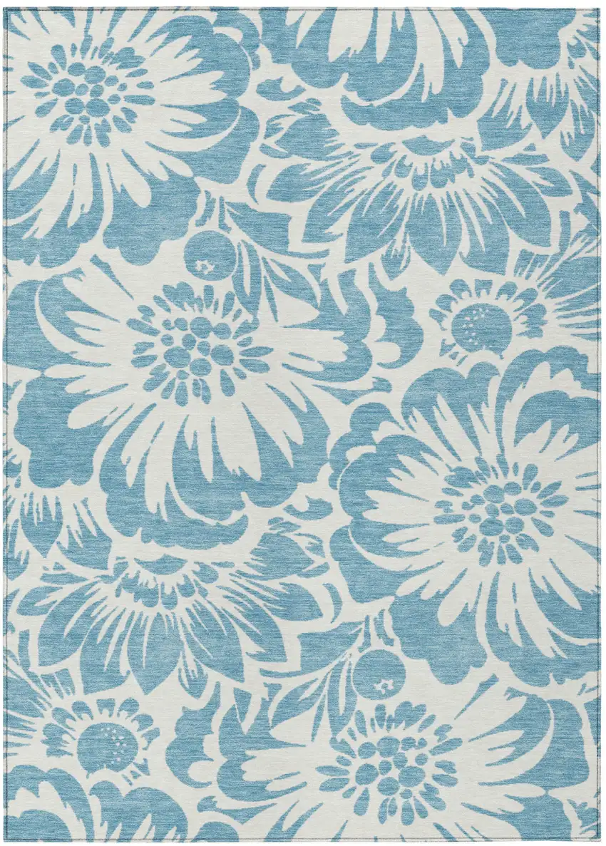 Denim and Ivory Floral Washable Non Skid Indoor Outdoor Area Rug Photo 2
