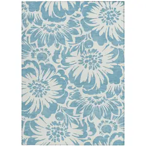 Photo of Denim and Ivory Floral Washable Non Skid Indoor Outdoor Area Rug