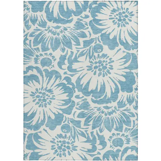 Denim and Ivory Floral Washable Non Skid Indoor Outdoor Area Rug Photo 4