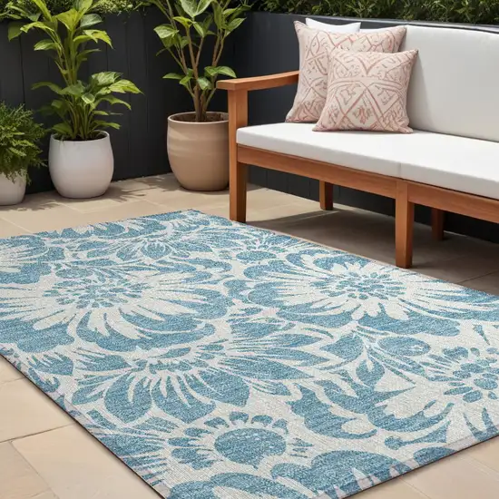 Denim and Ivory Floral Washable Non Skid Indoor Outdoor Area Rug Photo 1