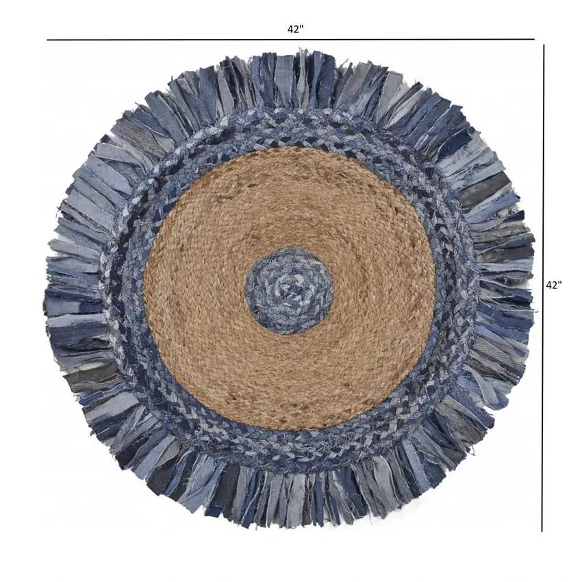 Denim and Natural Jute Fringed Round Rug Photo 9