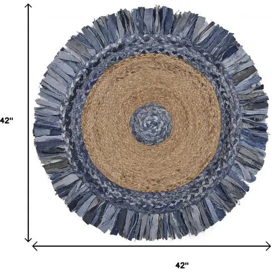 4' Beige And Blue Abstract Geometric Hand Woven Round Rug Photo 4