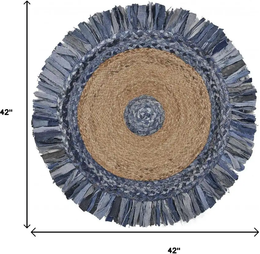 4' Beige And Blue Abstract Geometric Hand Woven Round Rug Photo 4