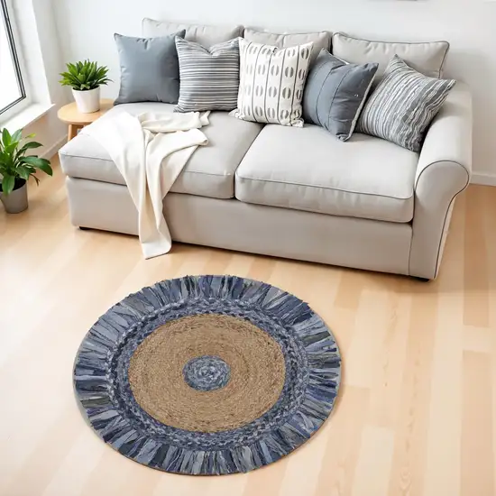 4' Beige And Blue Abstract Geometric Hand Woven Round Rug Photo 1