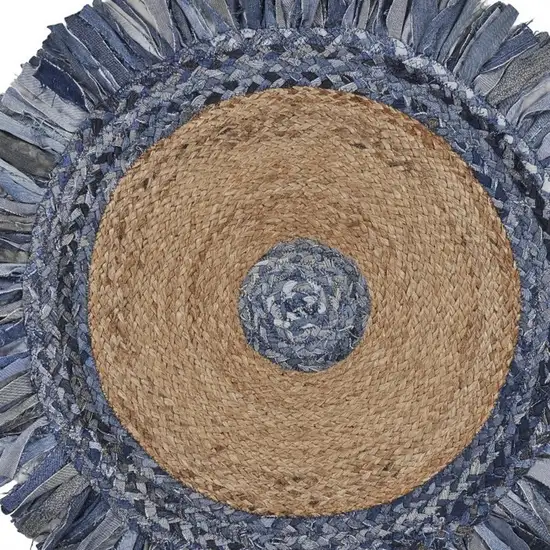 6' Beige And Blue Abstract Geometric Hand Woven Round Rug Photo 3
