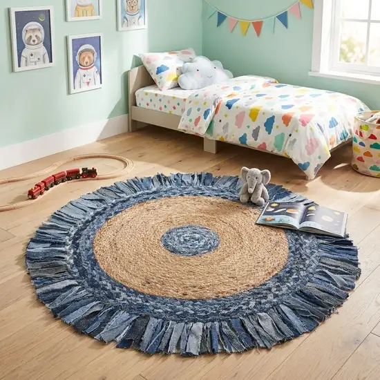 6' Beige And Blue Abstract Geometric Hand Woven Round Rug Photo 4