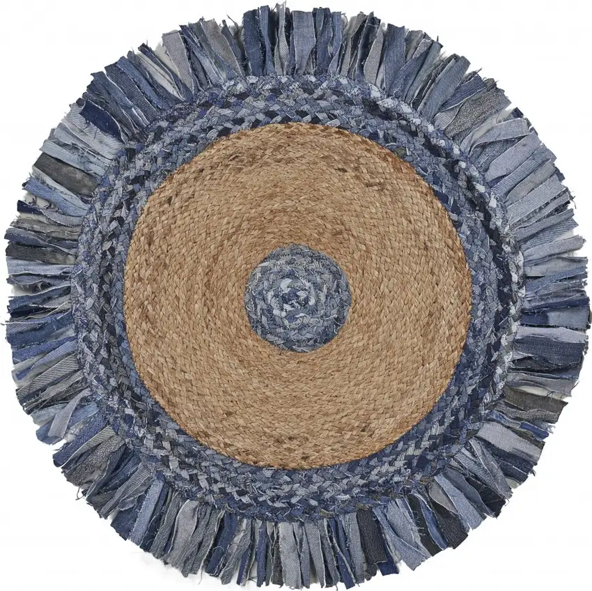 Denim and Natural Jute Fringed Round Rug Photo 11