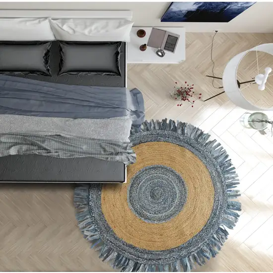 Denim and Natural Jute Fringed Round Rug Photo 7