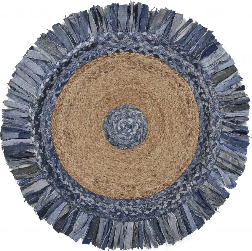 Denim and Natural Jute Fringed Round Rug Photo 1