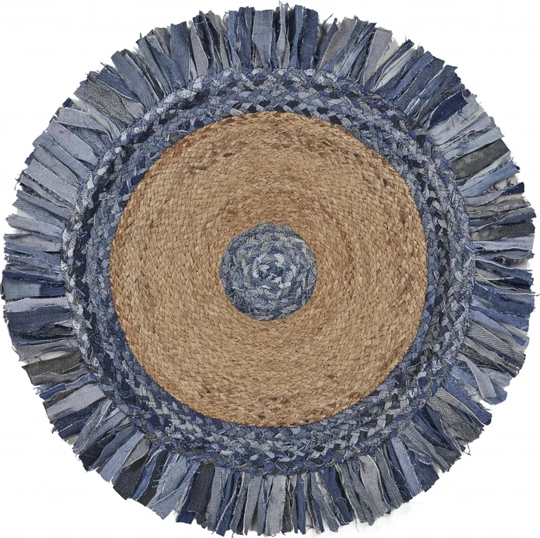 Denim and Natural Jute Fringed Round Rug Photo 1