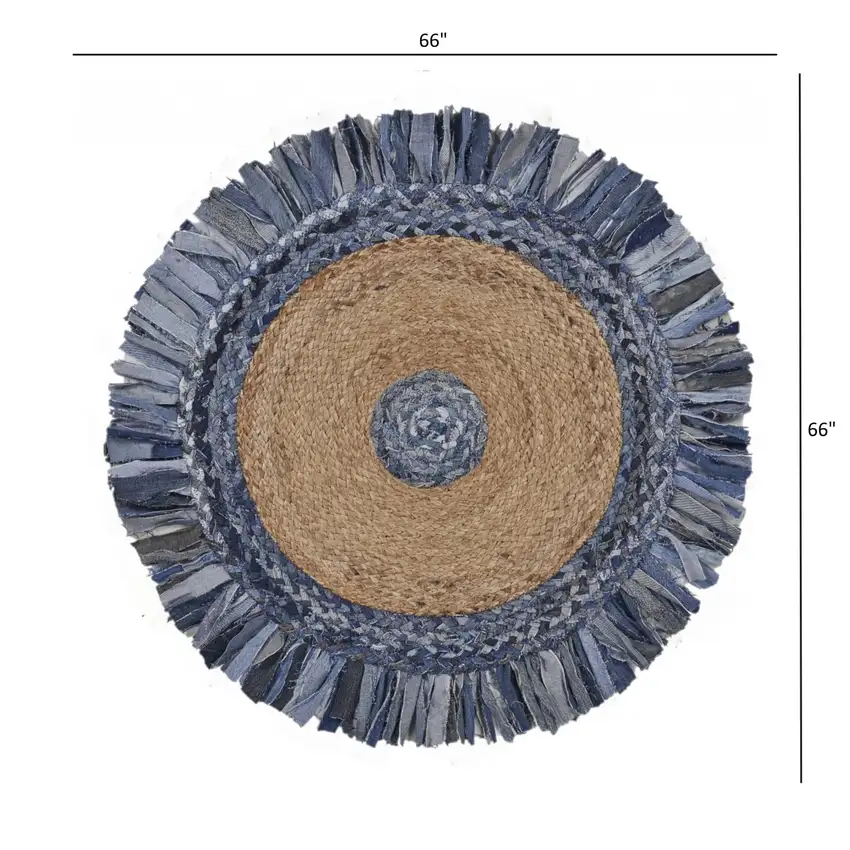 Denim and Natural Jute Fringed Round Rug Photo 9