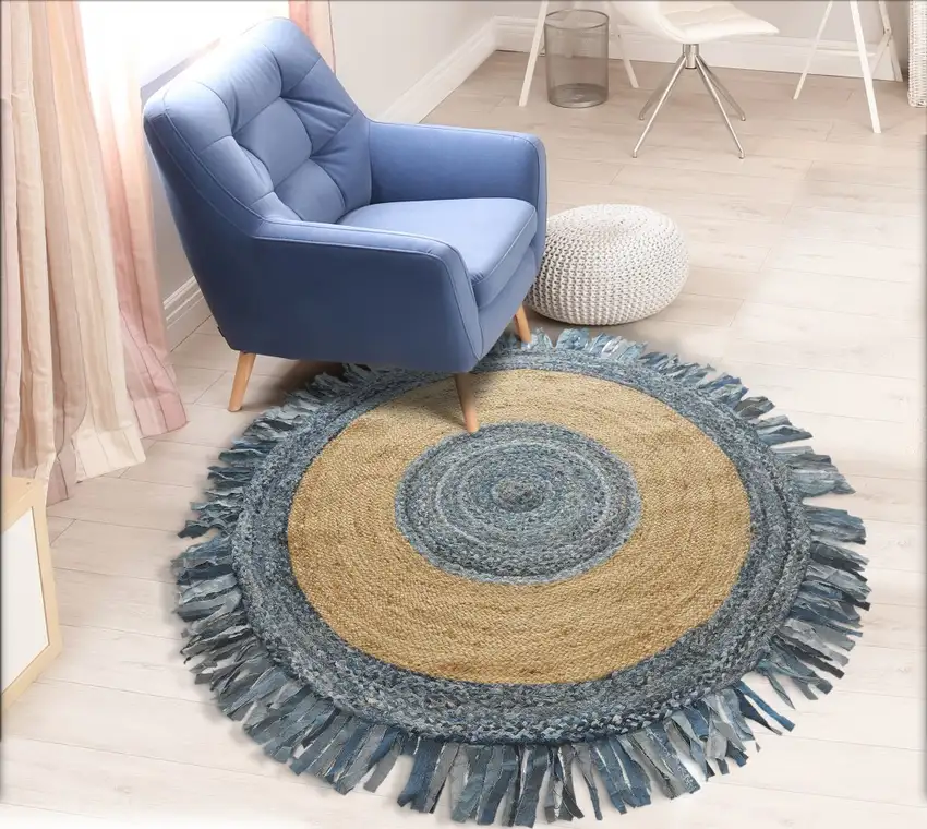 Denim and Natural Jute Fringed Round Rug Photo 8