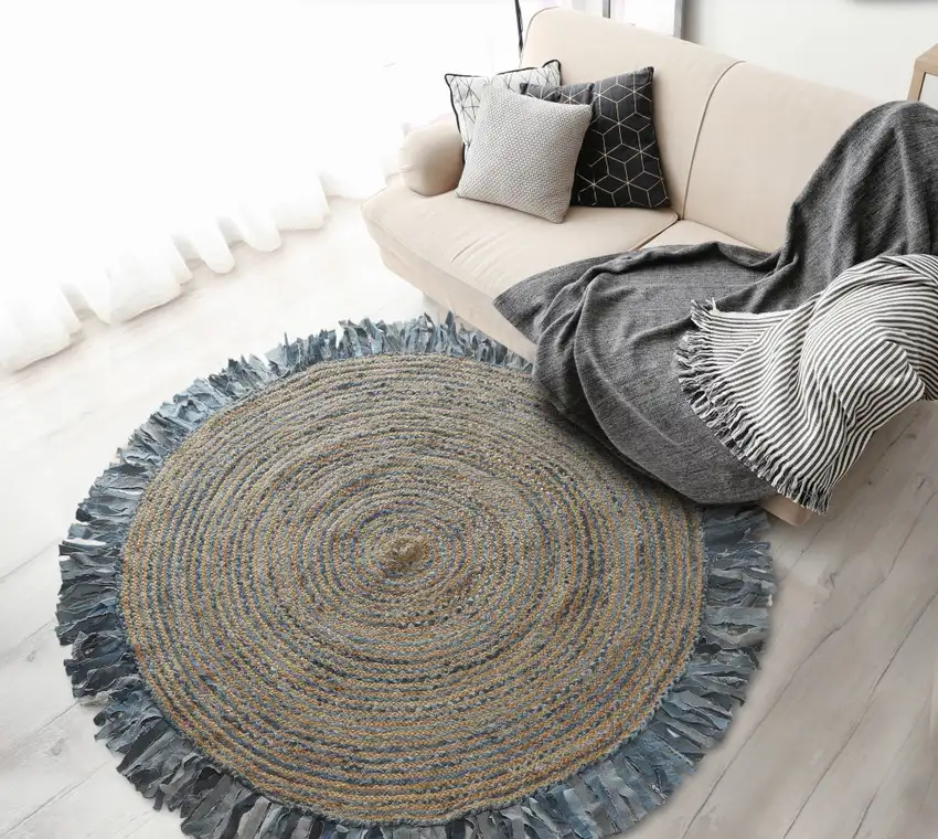 Denim and Natural Jute Round Swirl Fringed Rug Photo 6