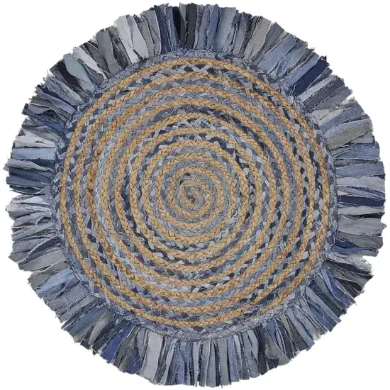 4' Beige And Blue Abstract Geometric Hand Woven Round Rug Photo 2