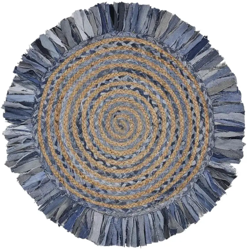 4' Beige And Blue Abstract Geometric Hand Woven Round Rug Photo 2