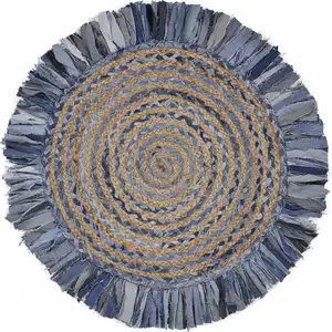 Photo of Denim and Natural Jute Round Swirl Fringed Rug