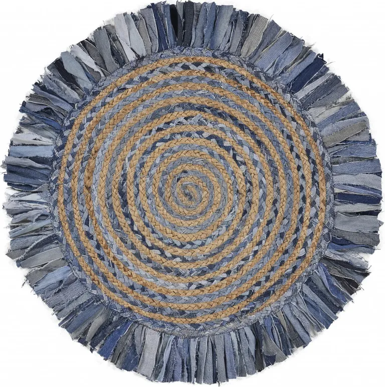 Denim and Natural Jute Round Swirl Fringed Rug Photo 4