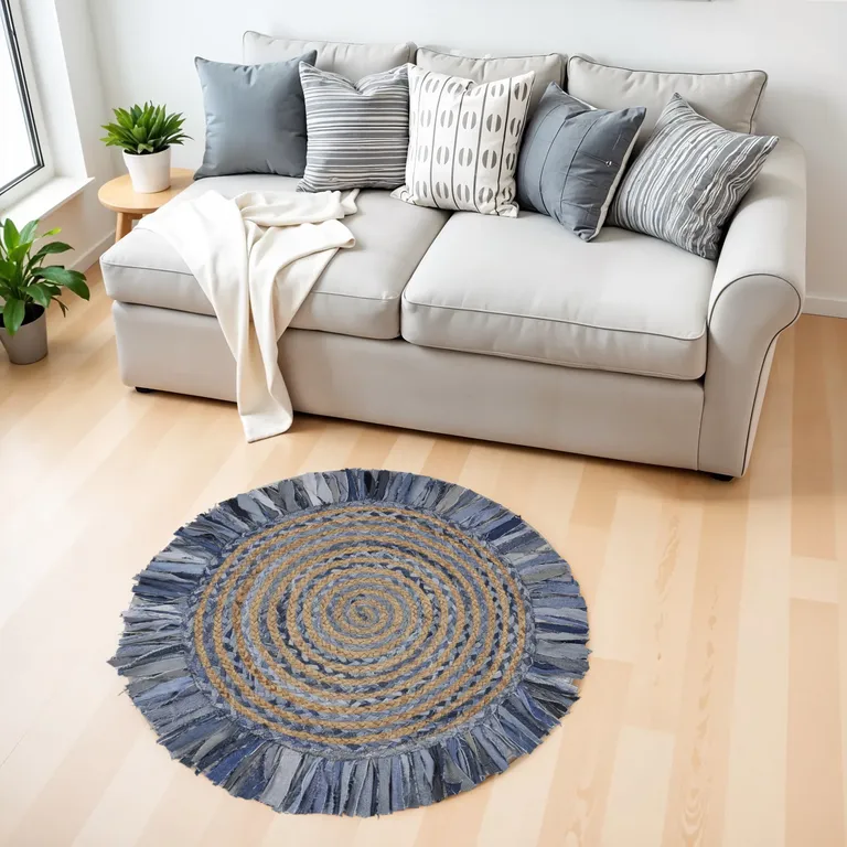 Denim and Natural Jute Round Swirl Fringed Rug Photo 3