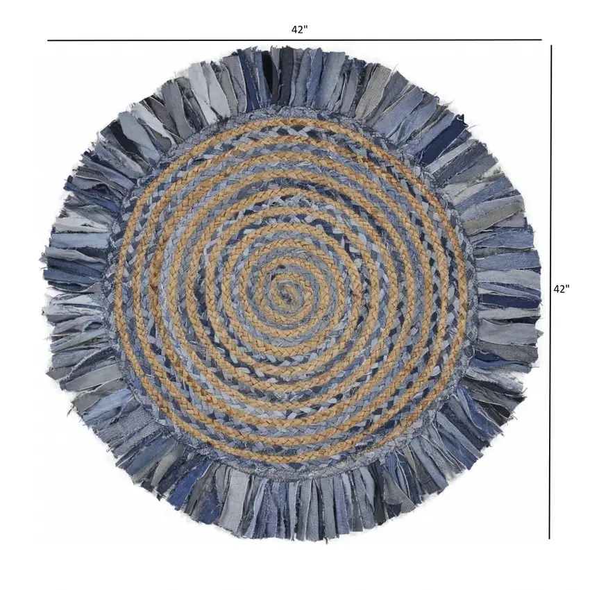 Denim and Natural Jute Round Swirl Fringed Rug Photo 8