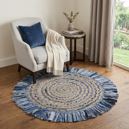 4' Beige And Blue Abstract Geometric Hand Woven Round Rug Photo 1
