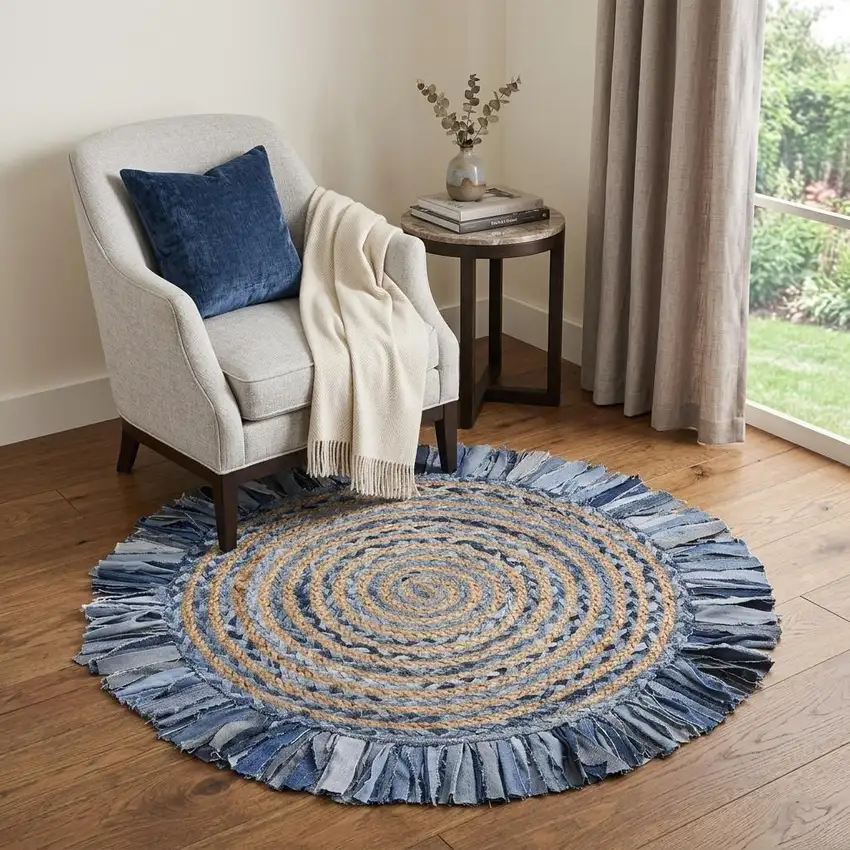 4' Beige And Blue Abstract Geometric Hand Woven Round Rug Photo 1