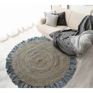Photo of Denim and Natural Jute Round Swirl Fringed Rug