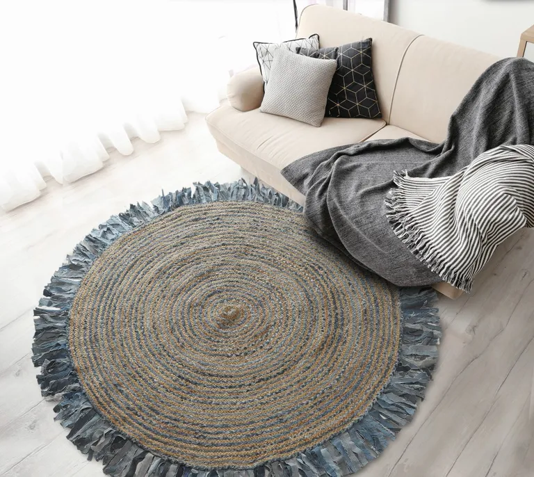 Denim and Natural Jute Round Swirl Fringed Rug Photo 1