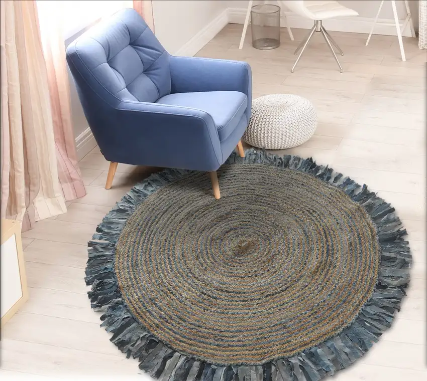 Denim and Natural Jute Round Swirl Fringed Rug Photo 7
