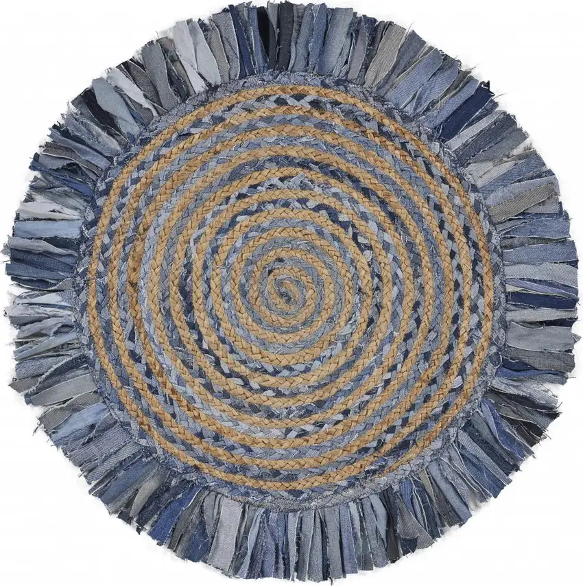 Denim and Natural Jute Round Swirl Fringed Rug Photo 1