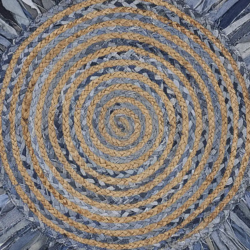 6' Beige And Blue Abstract Geometric Hand Woven Round Rug Photo 6