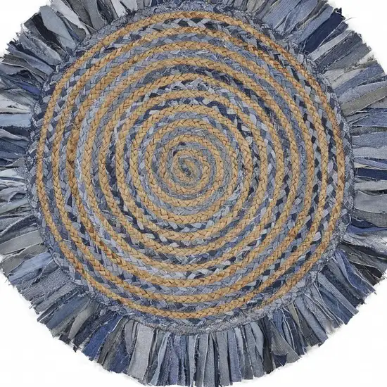 6' Beige And Blue Abstract Geometric Hand Woven Round Rug Photo 5