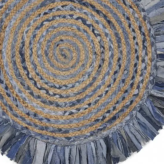6' Beige And Blue Abstract Geometric Hand Woven Round Rug Photo 4