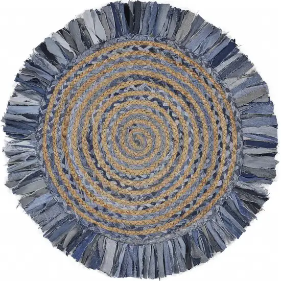 6' Beige And Blue Abstract Geometric Hand Woven Round Rug Photo 2