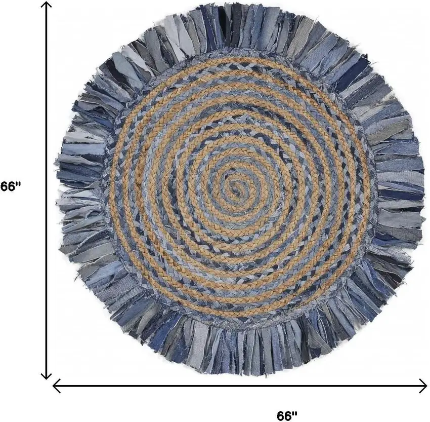 6' Beige And Blue Abstract Geometric Hand Woven Round Rug Photo 3