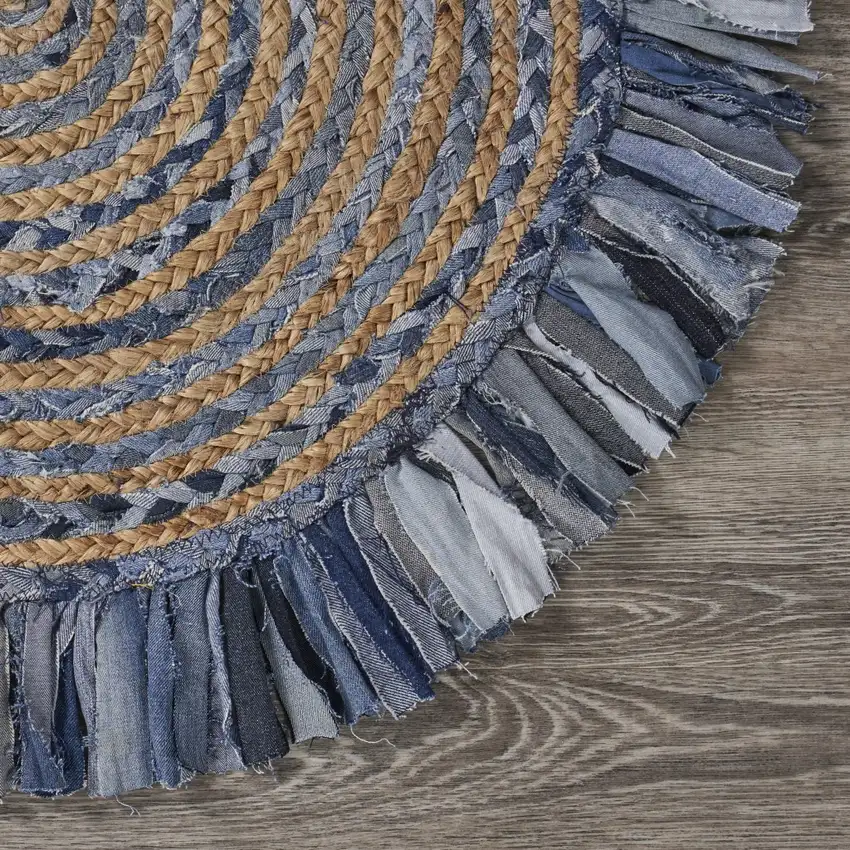 6' Beige And Blue Abstract Geometric Hand Woven Round Rug Photo 8