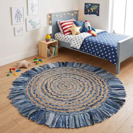 6' Beige And Blue Abstract Geometric Hand Woven Round Rug Photo 5