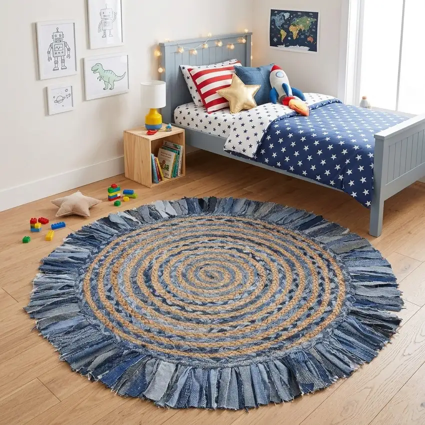 6' Beige And Blue Abstract Geometric Hand Woven Round Rug Photo 5