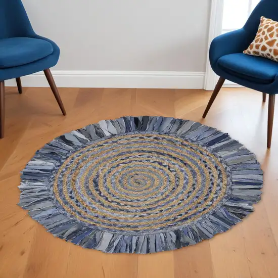 6' Beige And Blue Abstract Geometric Hand Woven Round Rug Photo 1