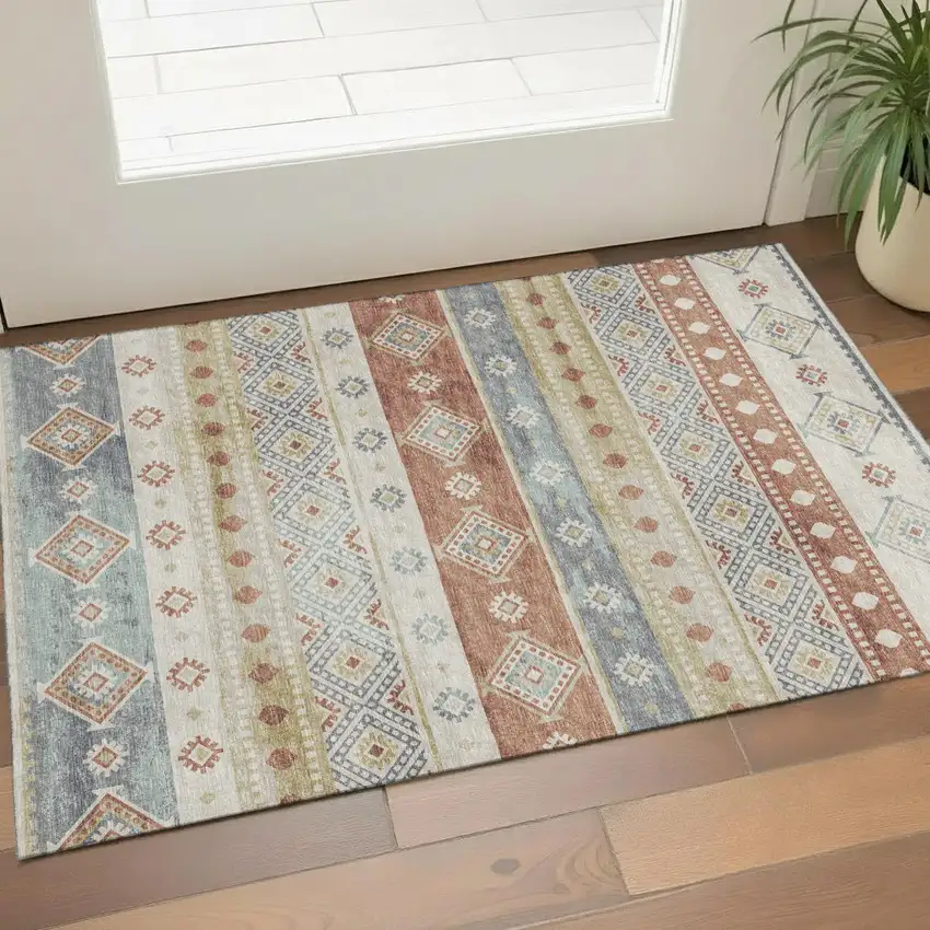 Desert Sand Rust And Ivory Tribal Washable Area Rug With UV Protection Photo 1