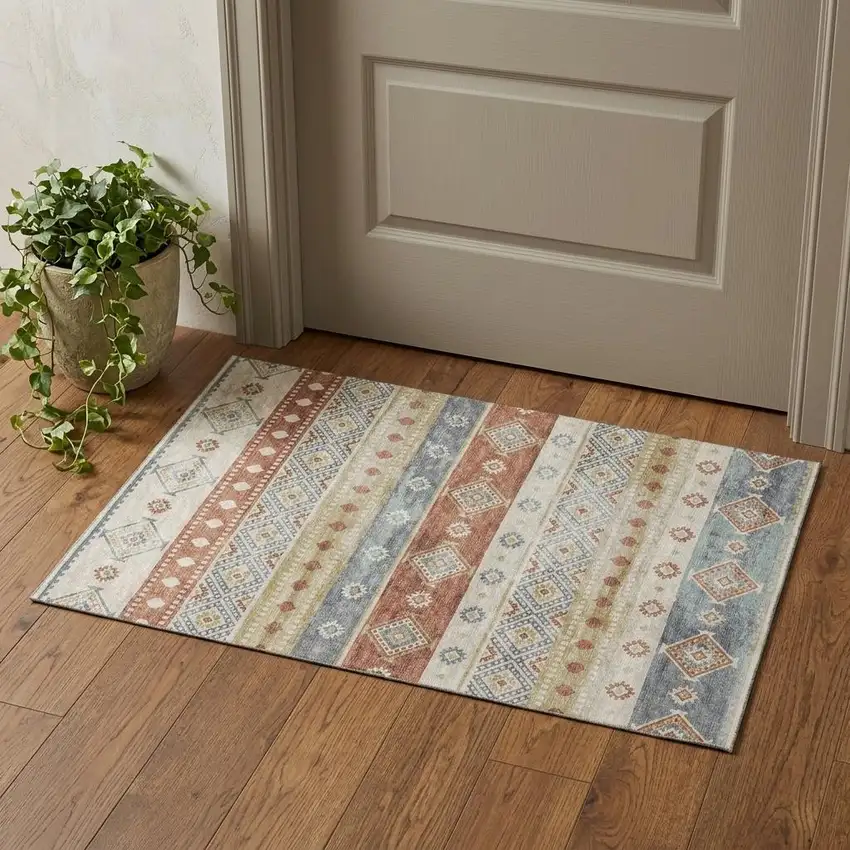 Desert Sand Rust And Ivory Tribal Washable Area Rug With UV Protection Photo 1