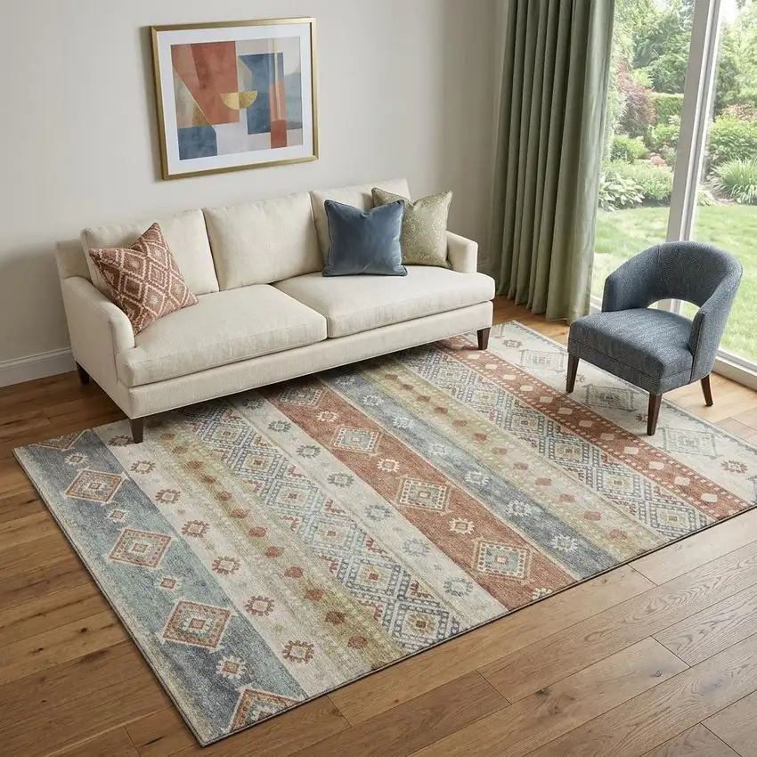 Desert Sand Rust And Ivory Tribal Washable Area Rug With UV Protection Photo 1