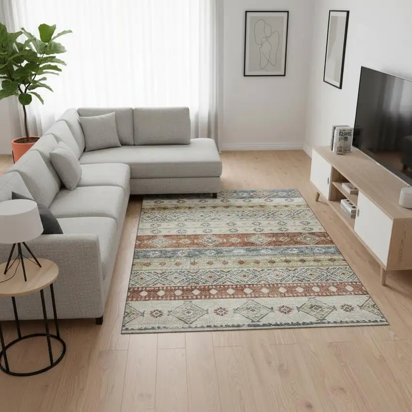 Desert Sand Rust And Ivory Tribal Washable Area Rug With UV Protection Photo 1