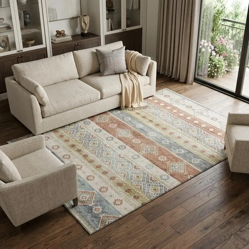 Desert Sand Rust And Ivory Tribal Washable Area Rug With UV Protection Photo 1