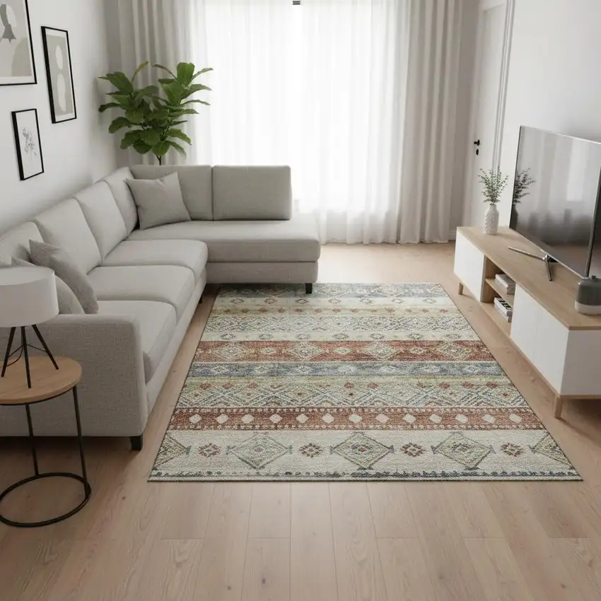 Desert Sand Rust And Ivory Tribal Washable Area Rug With UV Protection Photo 1